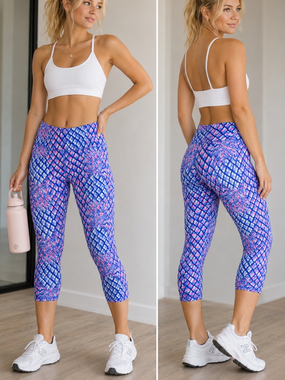 Blue & Pink Patterned High-Rise Capri Leggings